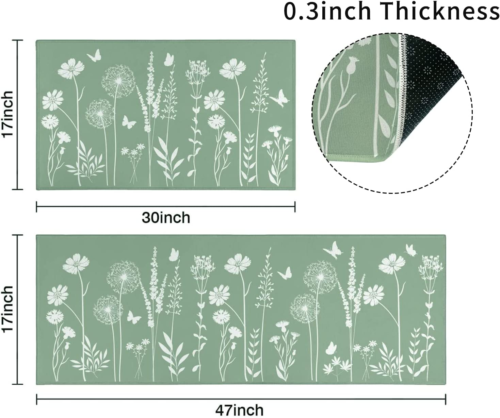 Sage Green Kitchen Mat Rug Set of 2- Plant Floral Butterfly Kitchen Rugs - Picture 3 of 7