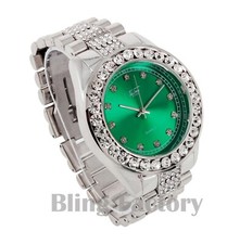 Men Hip Hop Iced Bling Silver PT Green Dial Bling BIG Simulated Diamond Watch