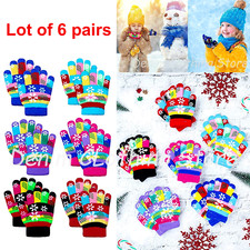 Lot of 6 Children Snowflake Warm Winter Full Gloves Knit Magic Boy Girl Kids