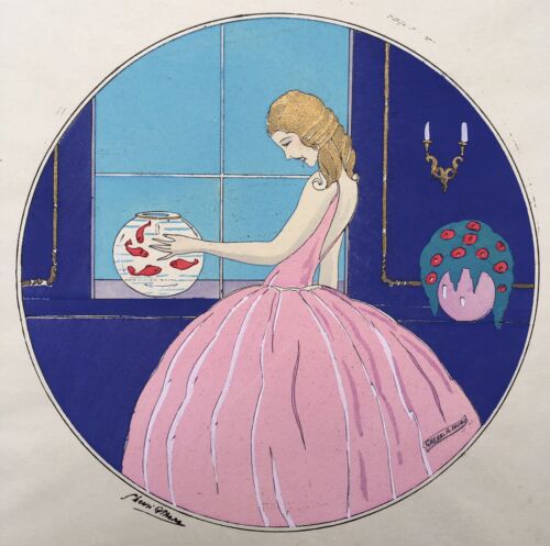Gravur Art Déco Pochoir Gherri Moro Porträt Frau Mode Kleid Aquarium Fisch - Bild 2 von 10