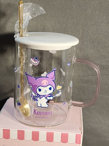 Kuromi Official Sanrio Tea Glass Cup With Ceramic Lid And Metal Spoon ๐ CUTE! - Picture 2 of 6