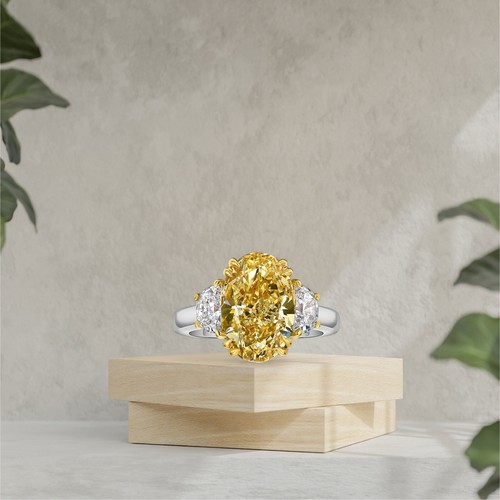 Platinum Diamond Ring IGI Fancy Vivid Yellow Oval 3.20 Ct Lab Created PT950 Band - Picture 7 of 16