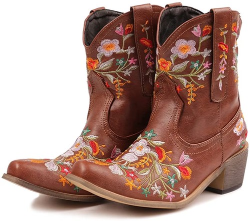 Handmade Western Flower Embroidered Cowgirl Ankle Boots - Picture 17 of 18