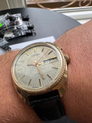 Orologio Uomo Vintage URSS Epoca Sovietica Slava Placcato Oro Cassa AU1 Quadrante Multicolore - Foto 3 di 19
