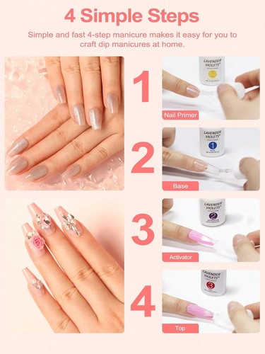 4 Stück LAVENDEL 10ml Dip Pulver Liquid Nagelset mit Aktivator Base Top Coat Pinsel - Bild 3 von 6