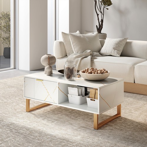 HOMCOM Coffee Table, Living Room Table with Drawer and Open Shelves, White - Picture 2 of 11