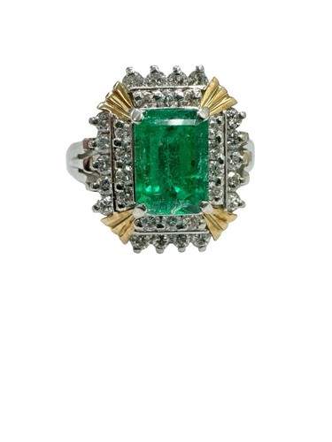 Estate 1.69 ctw Colombian Emerald & Diamonds Double Halo Cocktail Ring Platinum - Picture 1 of 6