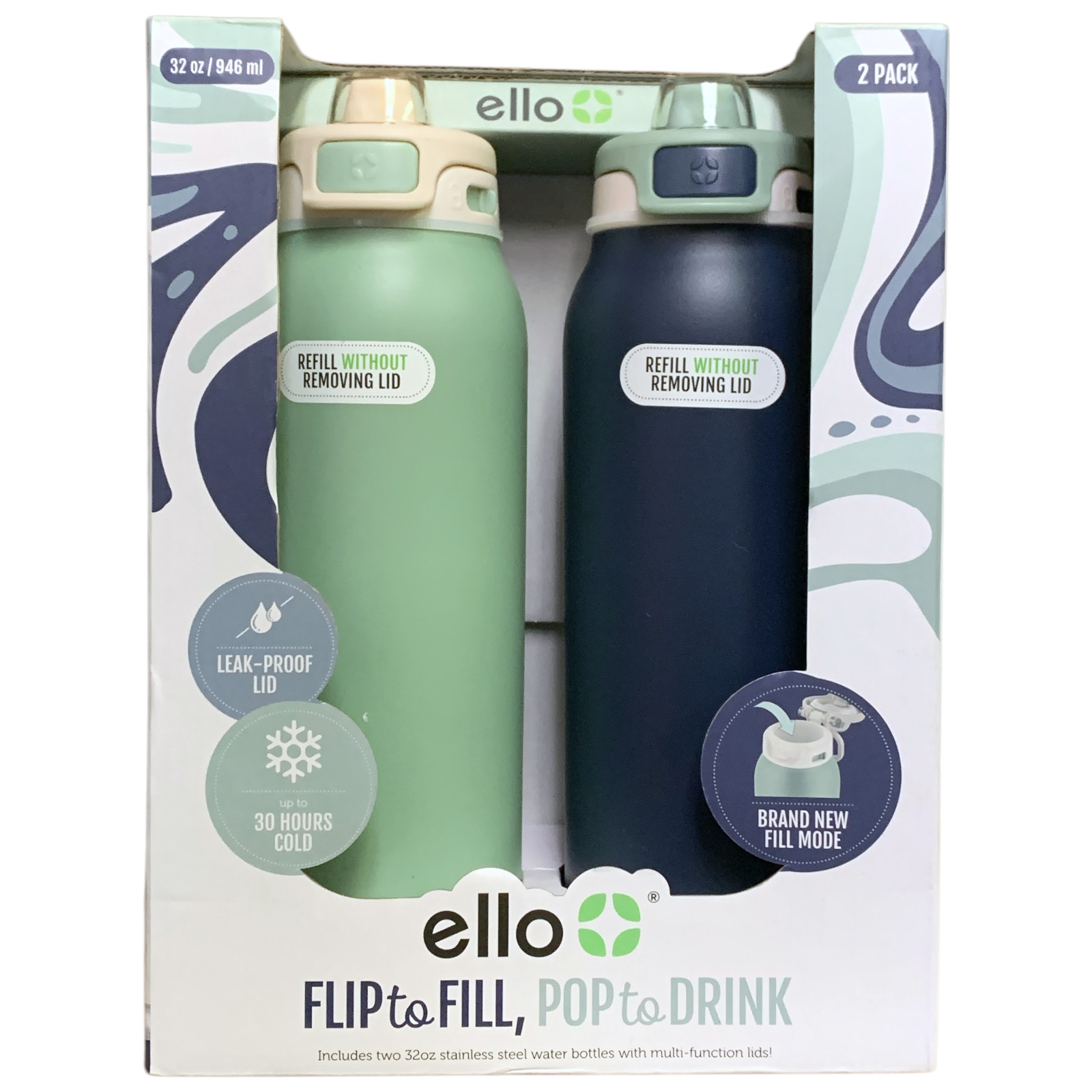 ello Pop - Fill, 32 унции. 2 упаковки бутылок для воды из нержавеющей стали с функцией быстрого наполнения