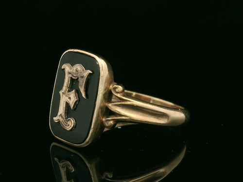 Viktorianischer Trauerring 9 kt Gelbgold & schwarzer Emaille "F" - Größe P - um 1880 - Bild 9 von 12