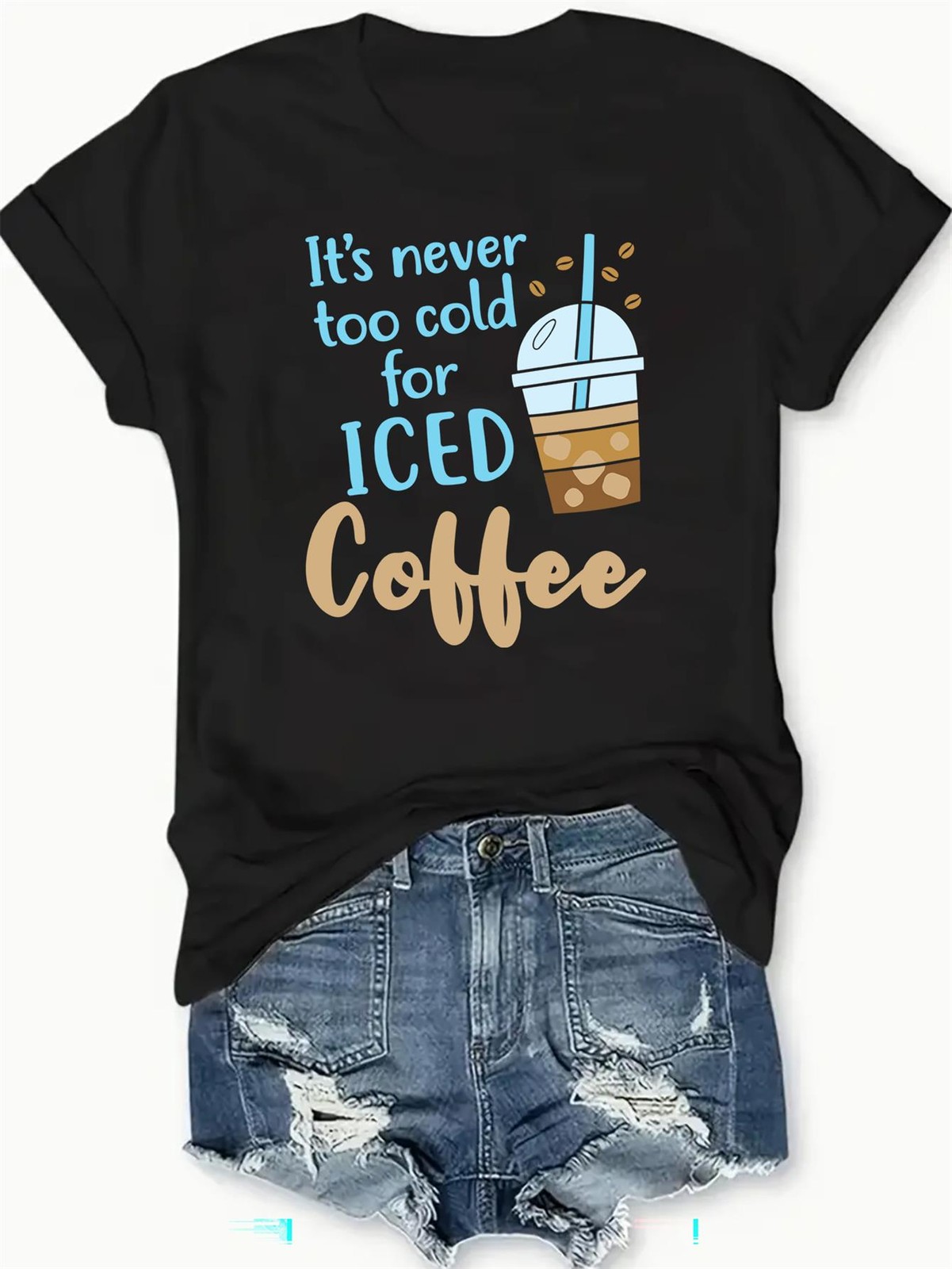 Women Iced Coffee Graphic T-Shirt Funny Drink Lover Casual Crew Neck Tee Top