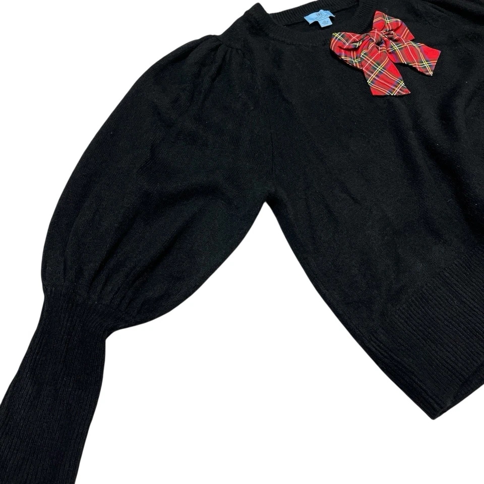 Cece Sweater Womens XL Black Plaid Bow Crew Neck Bell Sleeve Pullover Holiday - Image 2 of 4