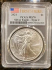 2021 $1 AMERICAN SILVER EAGLE PCGS MS70 TYPE 2 FLAG FIRST STRIKE LABEL