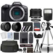 Canon EOS R100 Mirrorless Camera Black + 3 Lens Kit 18-45mm + 32GB+ Flash & More