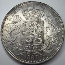 1867 Belgium 5 Francs Silver Coin I67
