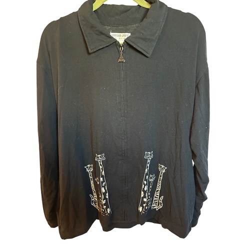 Euro Joy Black Embroidered Cat Pullover Jacket Womens Large Long Sleeve - Picture 1 of 6