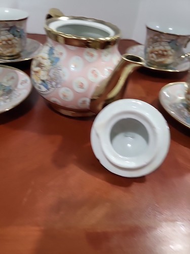 Teapot Teacup Saucer Set 9pc. Set Gold Trim Silver Floral - Picture 15 of 18