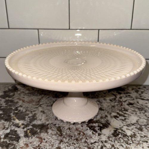 Vtg Jeannette SHELL PINK Milk Glass CAKE PLATE PLATTER Stand Pedestal Footed