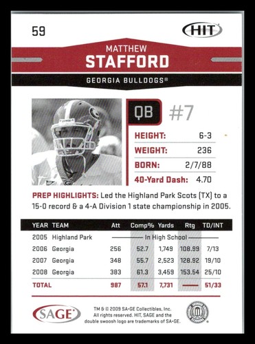 2009 SAGE Hit - Matthew Stafford #59 (RC) Bulldogs - Bild 2 von 2