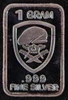 1 Gram .999 Fine Silver Art Bar Ingot. Skull & Knives. Fun Way Of Investing.
