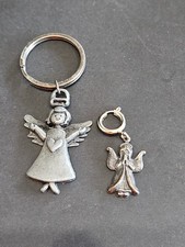 2- ADORABLE SMALL PEWTER ANGELES WITH HEART AND PRAYING KEYCHAINS VINTAGE