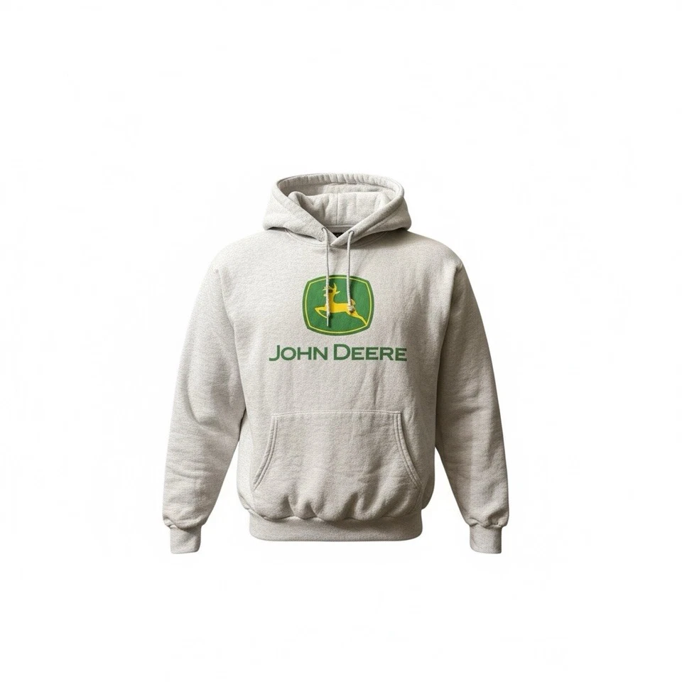 John Deere Hoodie Sweatshirt Mens Size L Grey Pullover Green Yellow Logo - Image 2 of 3