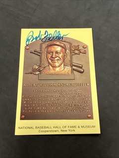 Bob Feller HOF Indians Signed Autograph Auto Yellow HOF Plaque Postcard