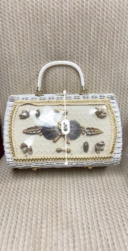 Vintage Princess Charming by Atlas White Wicker Purse W/Seashells - Picture 11 of 12