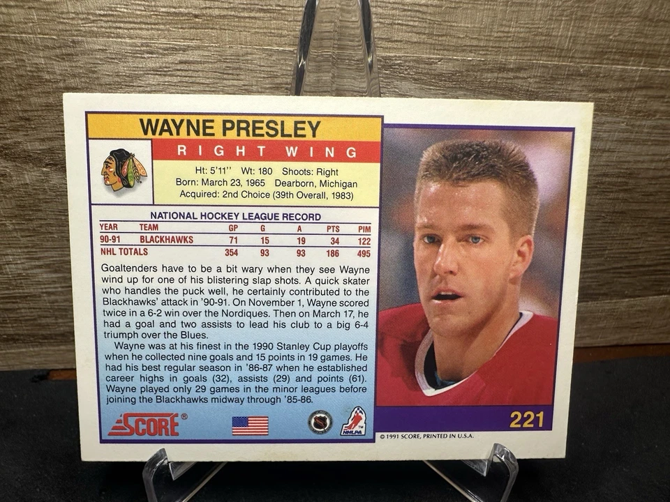 1991-92 Score American #221 Wayne Presley Chicago Blackhawks - Image 2 of 2