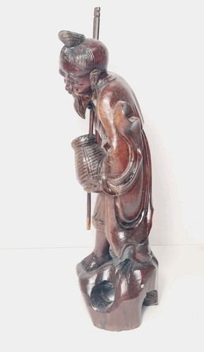 Vintage Asian/Chinese Hand Carved Rosewood Old Man Figurine with Cane & Jug - Picture 5 of 22