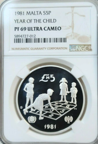 1981 MALTA SILVER 5 POUNDS S5P YEAR OF THE CHILD NGC PF 69 ULTRA CAMEO *RARE*