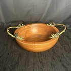 Vintage Wooden Decorative Bowl With Brass Acorn Design Handles - Rare