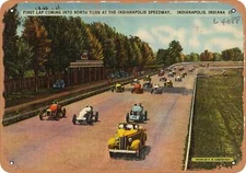 METAL SIGN - Indiana Postcard - First lap coming into north turn at the Indiana