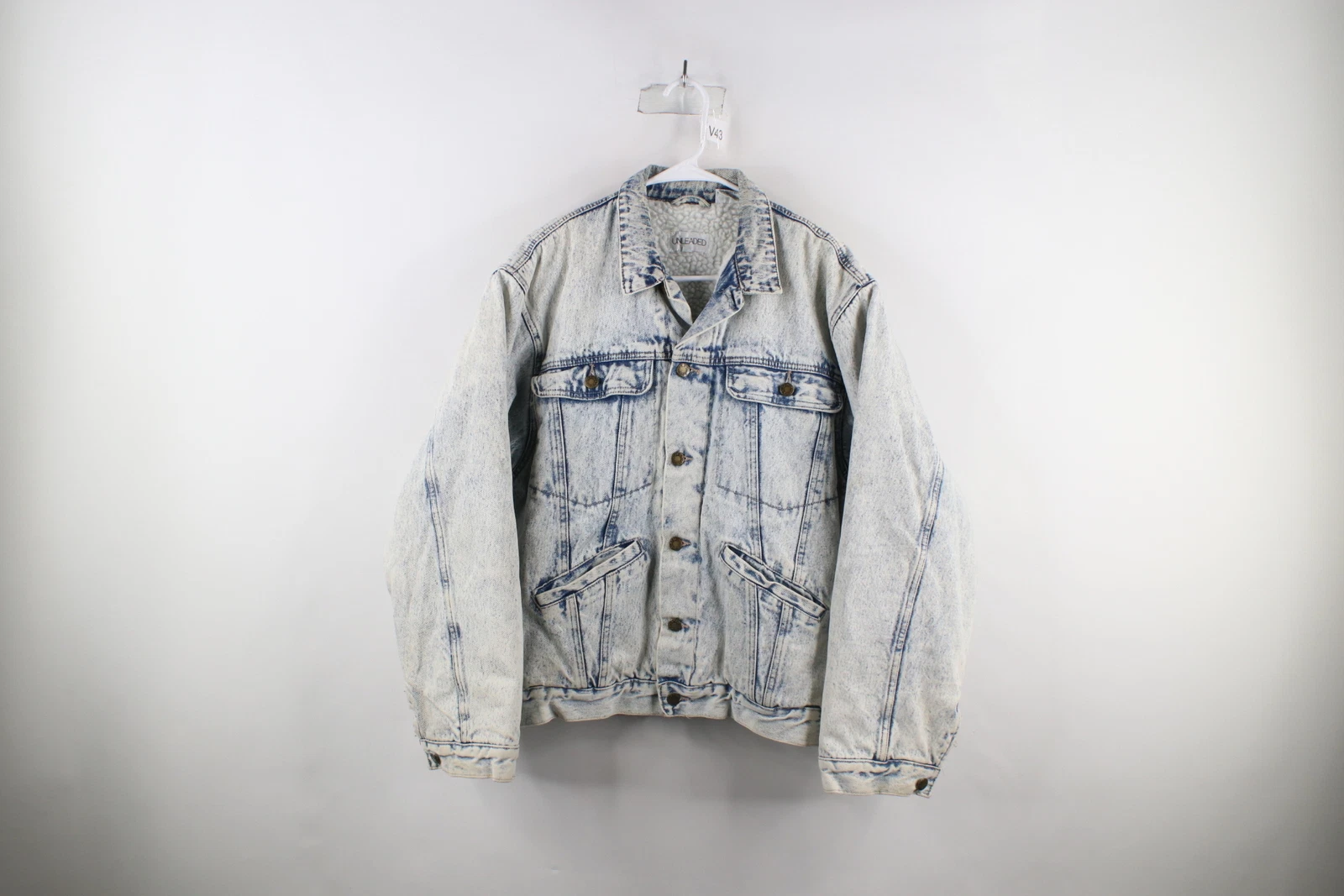 Vtg 90s Streetwear Mens L Deep Pile Fleece Lined Acid Wash Denim Trucker Jacket