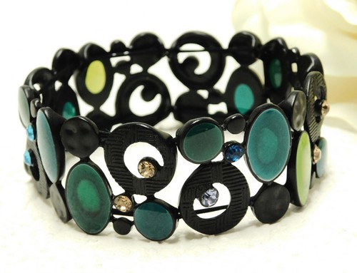 TROPIC ART BOHEMIAN RHINESTONE MATTE BLACK, ACRYLIC DESIGN BRACELET