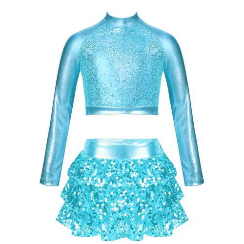 Girls 2Pcs Shiny Ballet Dance Skirts Outfits Metallic Crop Top with Skirted Set - Picture 52 of 61