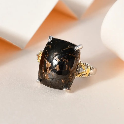 Matrix Silber Schungit 7,9 ctw und weiß CZ Ring 18K YG Platin Bond Größe 9 AA1 - Bild 1 von 4