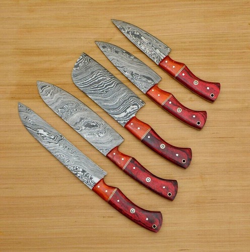 5pcs Handmade Damascus Steel Chef Knife Kitchen Set For Cutting & Chopping - Picture 3 of 6