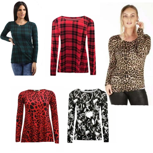 Womens Printed  Tshirt Ladies Long Sleeve Scoop Neck T Shirt Top Plus Sizes 8-26