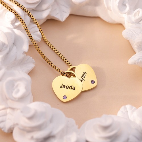 Personalized Heart Necklace Engraving Name With Birthstones Charm Chain For Her - Bild 1 von 11