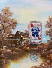 Pbr Pabst Blue Ribbon Parody Fast Food Fine Art upcycled thrift store painting