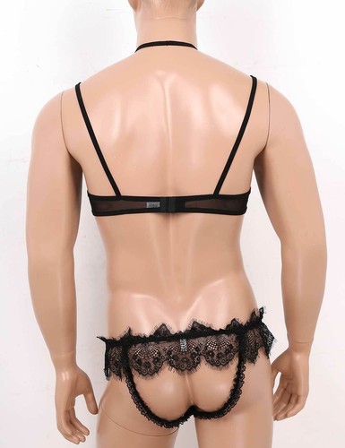 Men Mesh Lace Bra Top Vest Crotchless Briefs Sissy Lingerie Crodresser Costumes - Picture 3 of 12