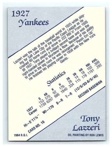 1984 #16 Tony Lazzeri Hof 1927 Yankees Ron Lewis Card Artwork Galasso Renata Ex - Picture 2 of 2