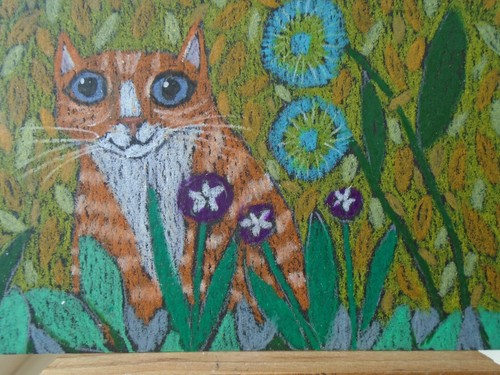 Cats Ollietuxedo Original 2.5x3.5 inches ACEO Orange Cat in the Garden