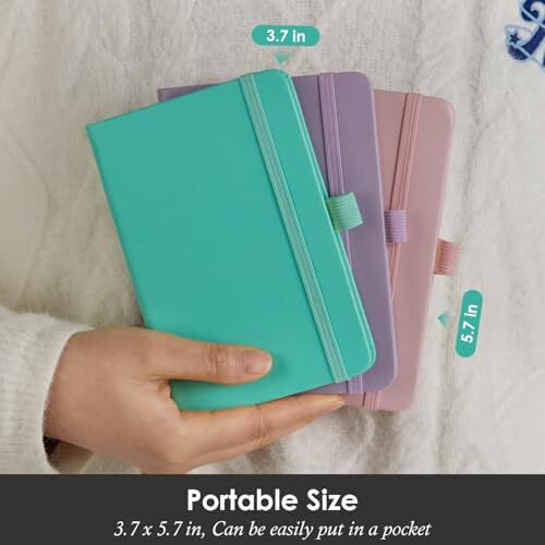Paquete de 3 cuadernos pequeños con bolígrafo, tamaño mini de bolsillo A6 rosa_púrpura_verde - Imagen 6 de 6