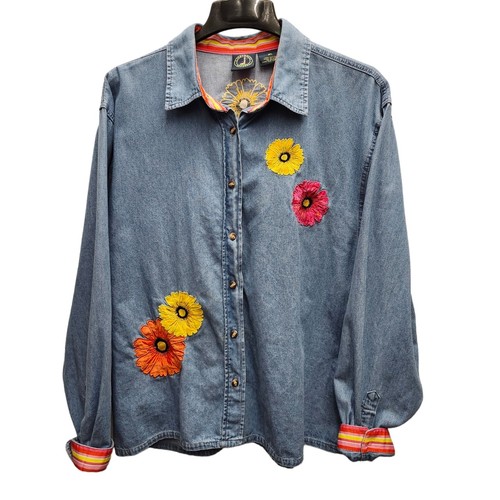 Camisa vaquera Lighthouse Apparel para mujer XL botón frontal azul bordado flores - Imagen 2 de 7