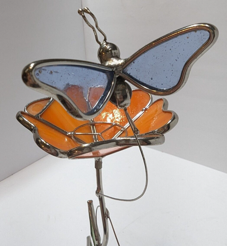 Vintage Stained Glass Suncatcher 14" Flower Butterfly Candle Holder Figure - Picture 12 of 19