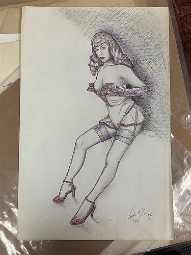 BETTIE PAGE SALE DANIEL VANCAS Original PINUP DRAWING LINGERIE STOCKINGS Pin-UP