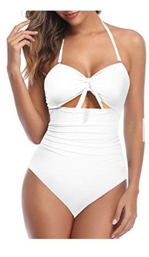 Stylish High Waisted Cutout Tummy Control One Piece Swimsuits-White Size MEDIUM - Picture 1 of 4
