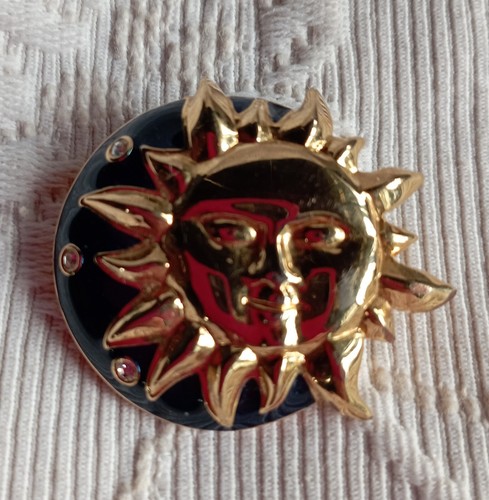 Broche Vintage Soleil Avec Strass Cognac - Occasion En Bon état, Bijou Rétro Et Unique !