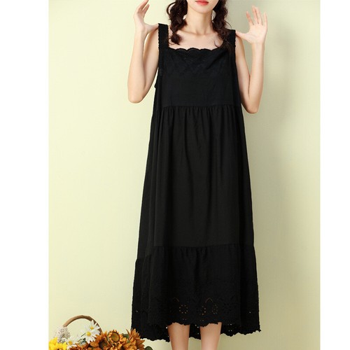 Women Tank Dress Lace Embroidery Cotton Midi Slip Cami Loose Casual Underdress - Foto 3 di 18
